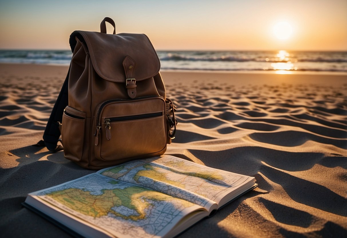 A woman's backpack sits on a deserted beach at sunset, with a map, camera, and journal scattered around. The ocean waves crash in the background Mulheres que viajam