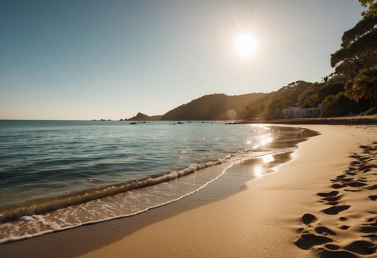 A serene beach with golden sands, crystal clear waters, and lush greenery along the coastline. The sun shines brightly in the cloudless sky, casting a warm glow over the tranquil scene