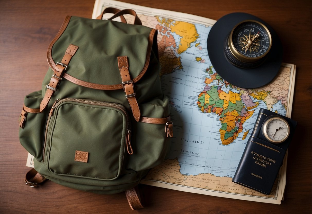 A woman's backpack sits on a map with travel guides and a passport. A compass and journal lay nearby, ready for adventure