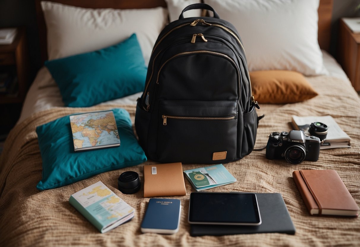 A woman's backpack open on a bed, filled with essentials like a passport, map, and travel guide. Clothes and toiletries are neatly packed nearby