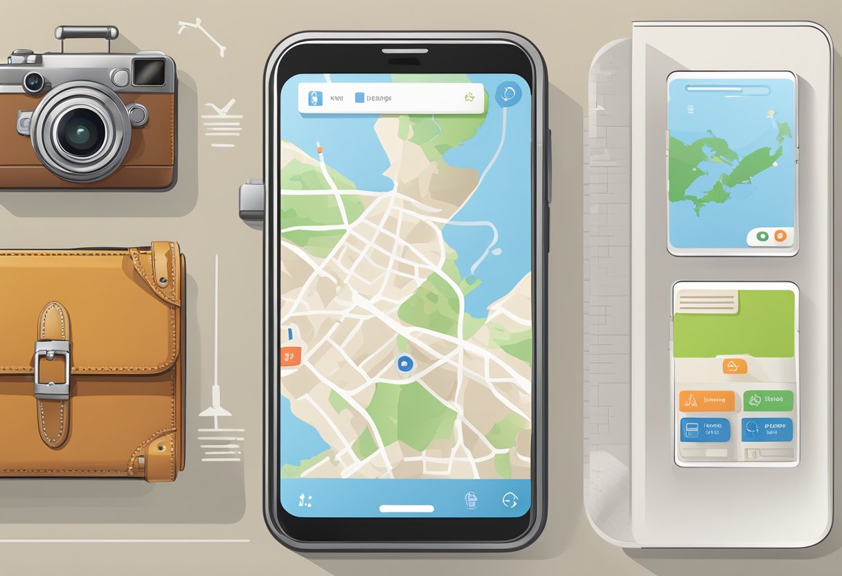 A smartphone displaying travel apps with a map, flight booking, language translation, and currency conversion. A suitcase and camera sit nearby Aplicativos