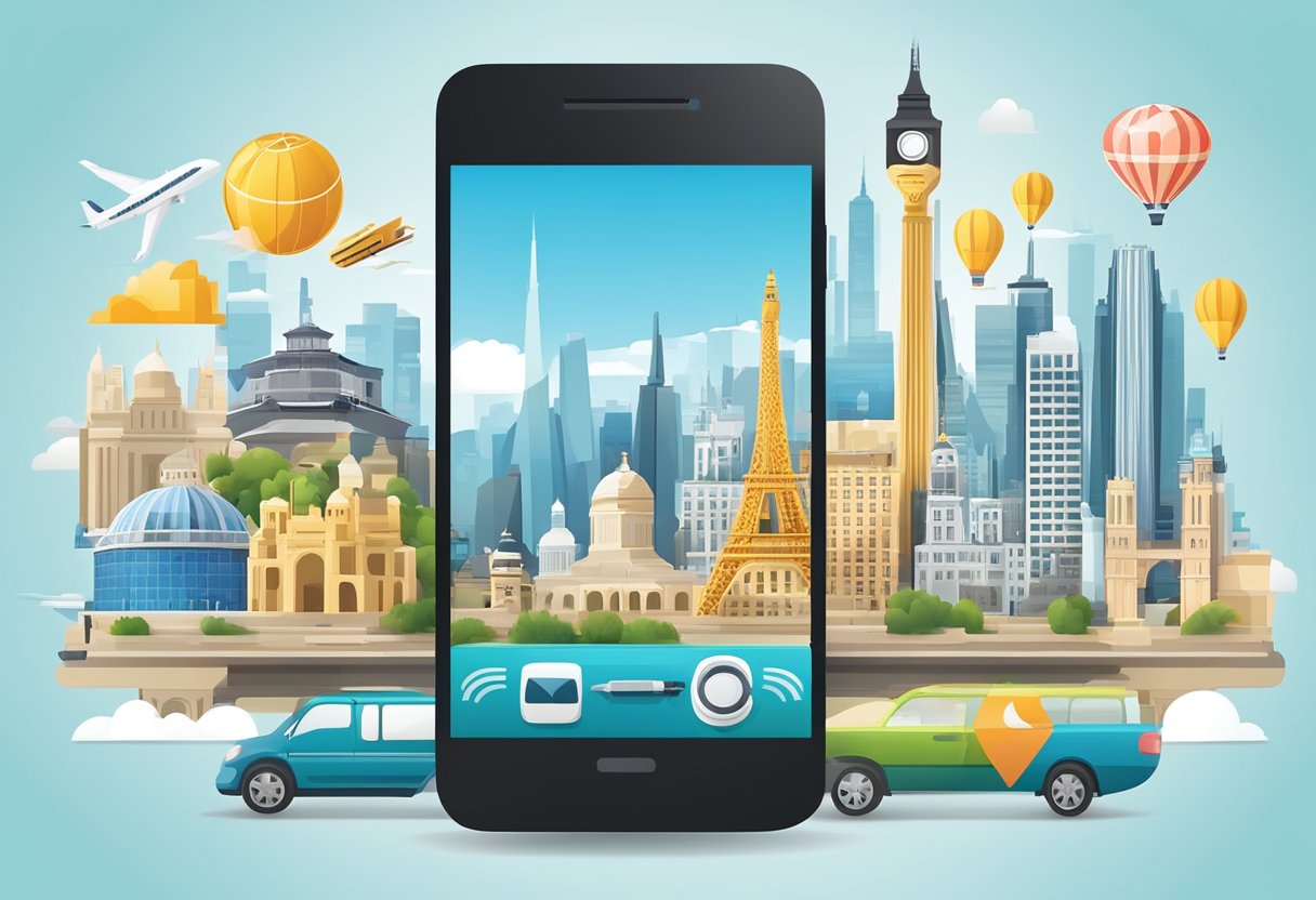 A smartphone displaying travel apps with transportation and technology icons, against a backdrop of famous landmarks