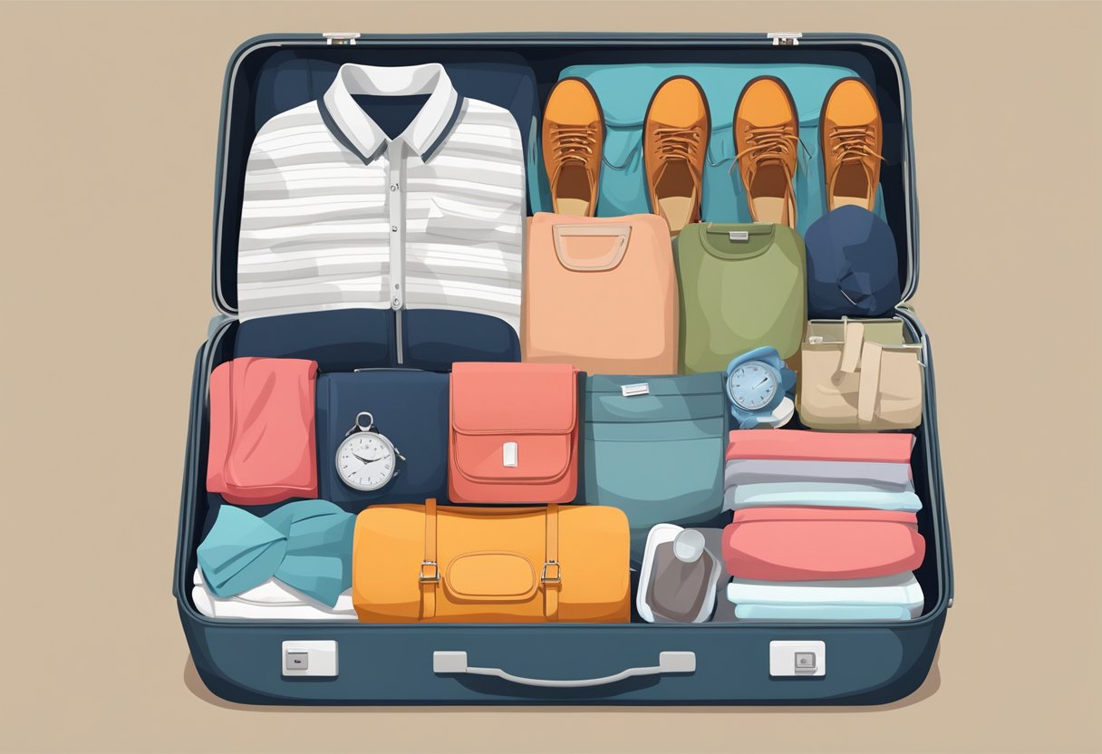 A suitcase open on a bed, filled with neatly folded clothes, shoes, toiletries, and travel essentials. Different types of luggage and packing cubes are organized for various types of trips