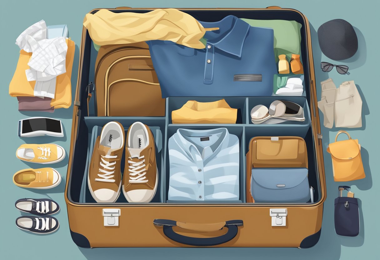 A suitcase open on a bed, with neatly folded clothes, shoes, toiletries, and travel essentials laid out in an organized manner. Mala