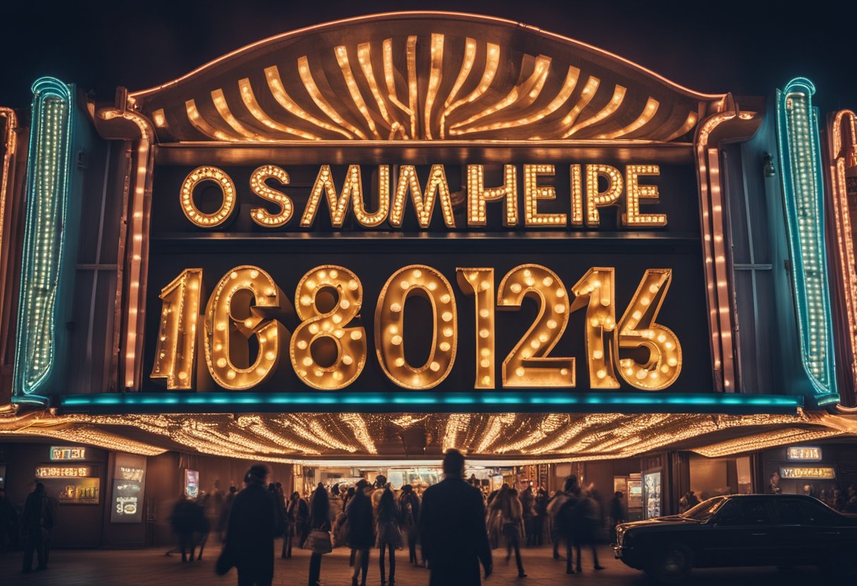 A movie theater marquee displays "Os Melhores Filmes de 2024: Um Guia Completo" in bold, colorful letters, surrounded by glowing neon lights and a bustling crowd of excited moviegoers