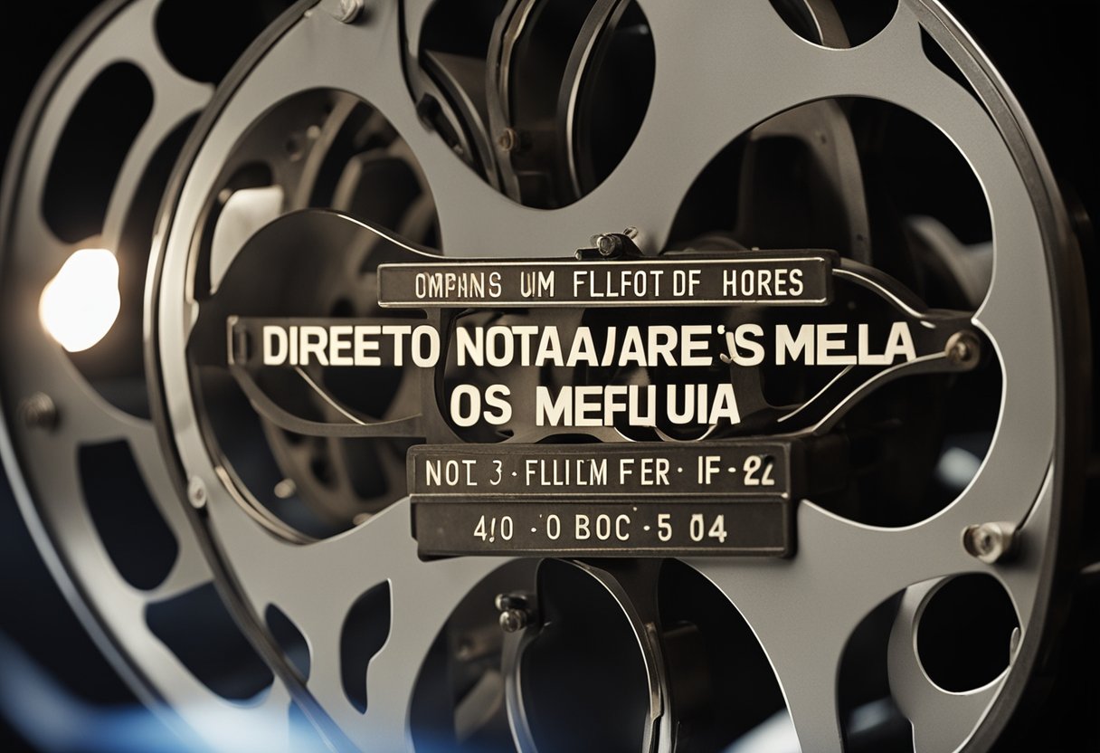 A movie reel spins on a vintage projector, casting flickering light onto a darkened theater screen. The title "Diretores Notáveis Os Melhores Filmes de 2024: Um Guia Completo" is displayed in bold lettering