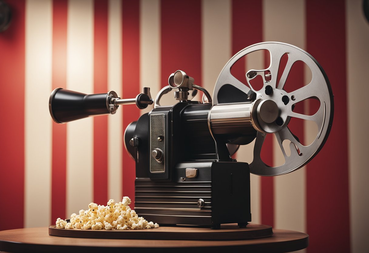 A spotlight shines on a vintage movie projector, casting a flickering glow onto a wall adorned with movie posters. Popcorn spills from a red and white striped bag, while a reel of film spins on a nearby table