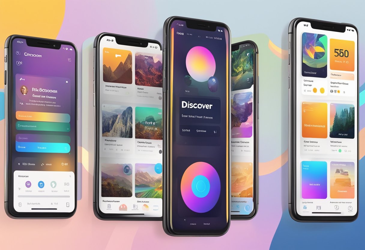 A smartphone displaying a music app with colorful album covers and a "discover new artists" feature highlighted