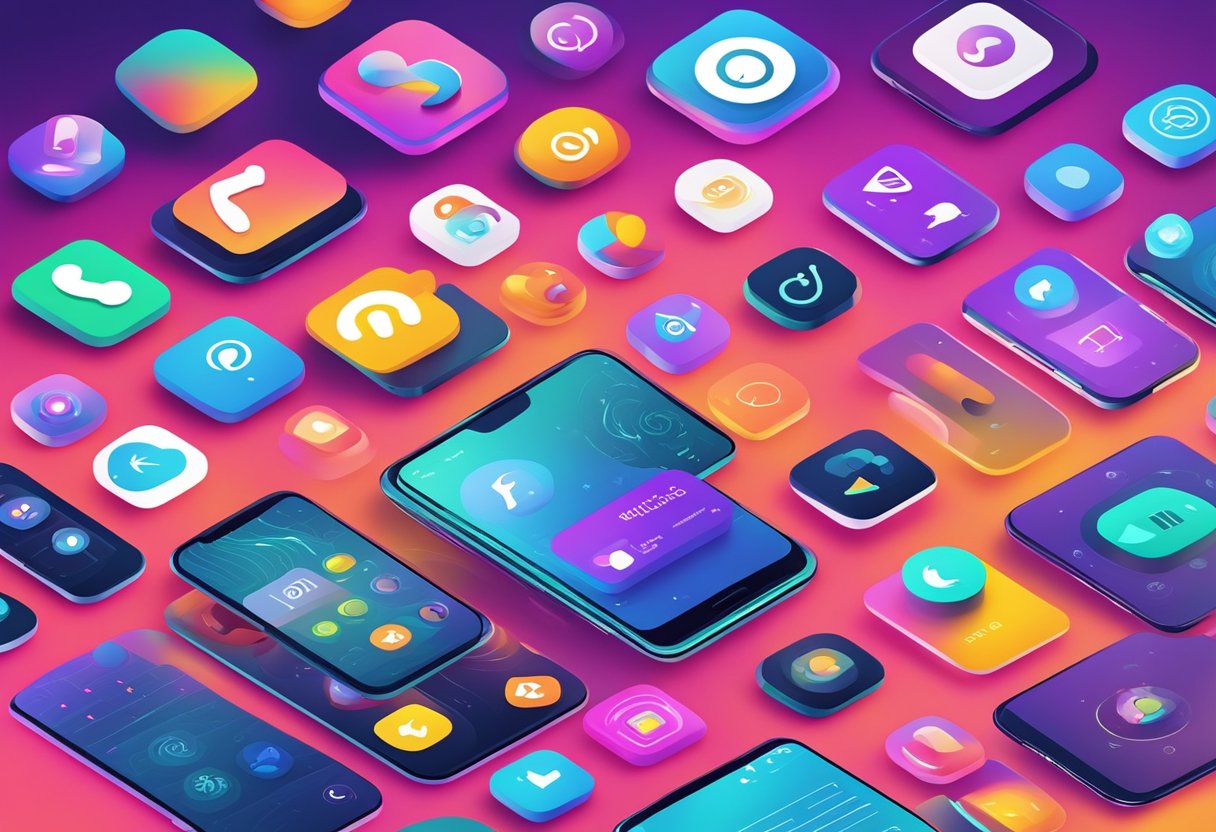 A smartphone displaying music app icons with "Discover New Artists" highlighted. Vibrant colors and dynamic shapes create an engaging visual. Aplicativos de Música
