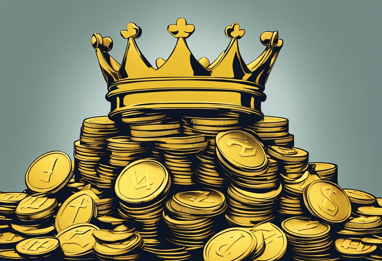 A regal crown sits atop a stack of golden coins, symbolizing the status of dividend aristocrats