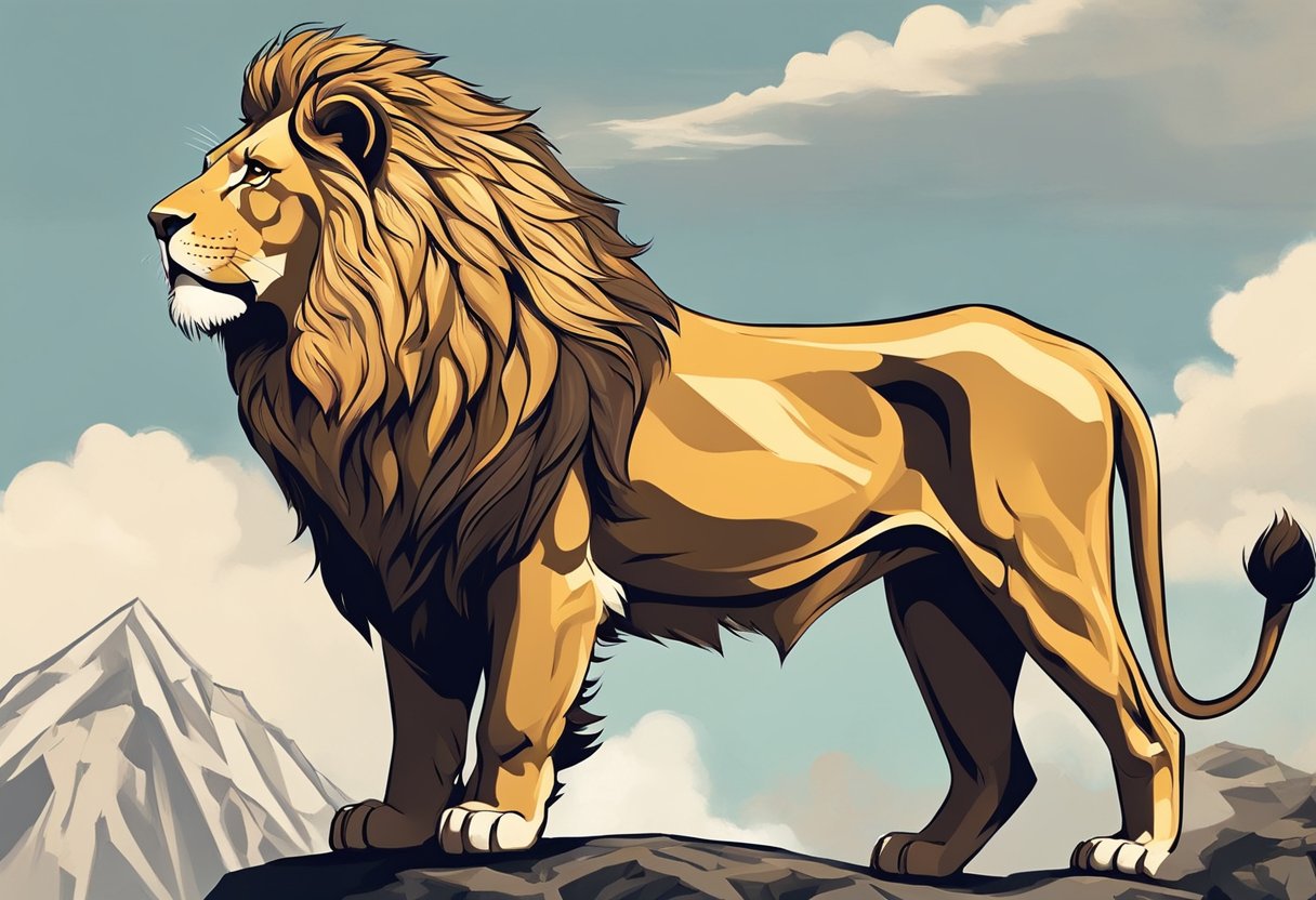 A regal lion stands proudly atop a mountain, gazing out over a vast kingdom. Symbolizes the king of dividend paying companies, just like dividend aristocrats