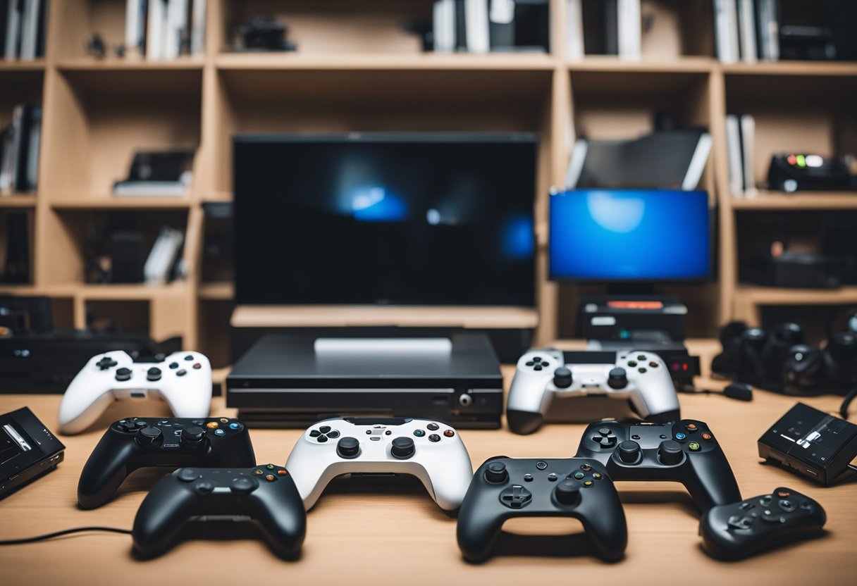 A gamer sits surrounded by various video game consoles, controllers, and games, carefully comparing features and reviews to choose the perfect one. Videogame 