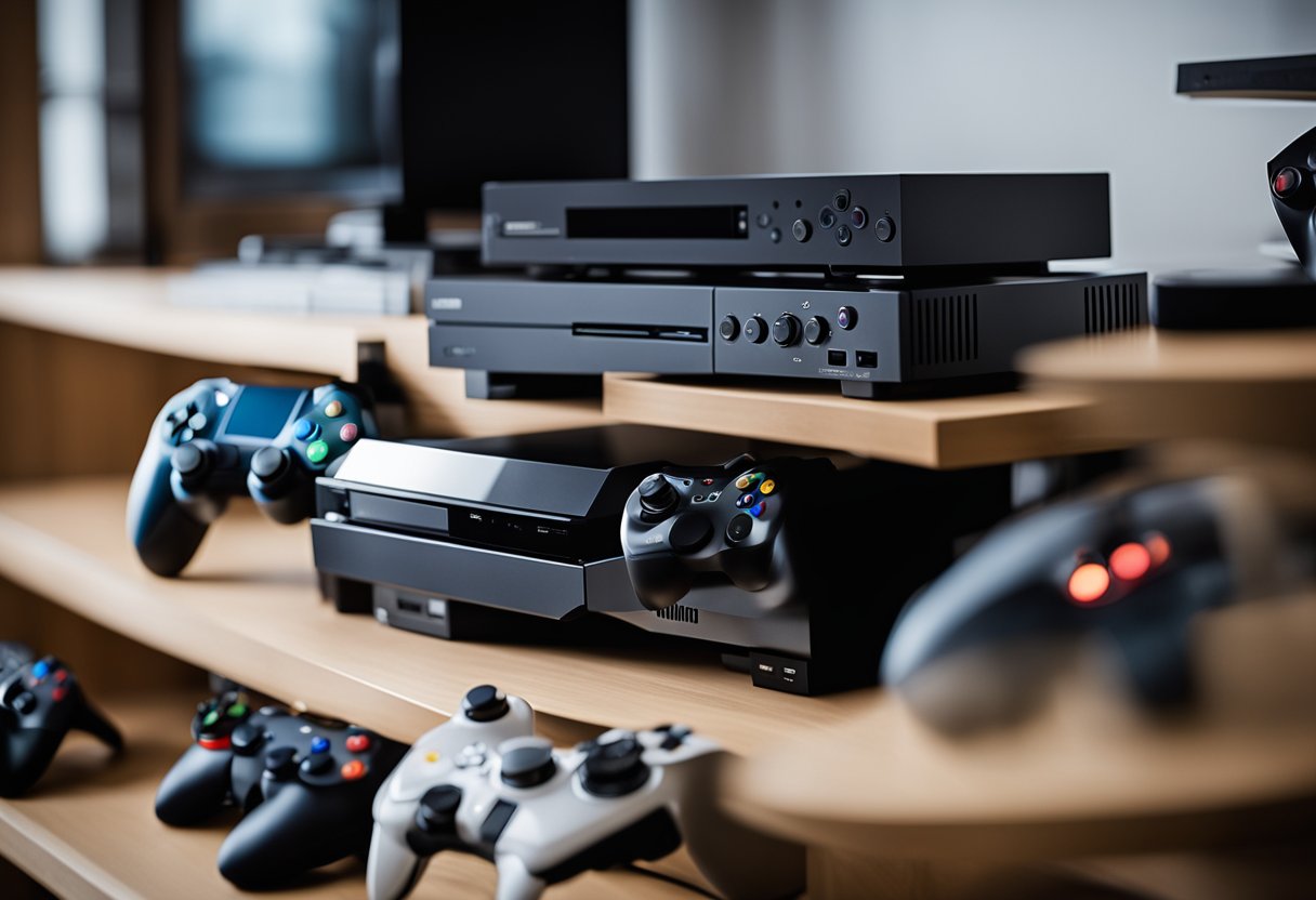 A variety of gaming consoles are displayed on a shelf, with controllers and games neatly organized nearby. The room is well-lit, creating a welcoming and inviting atmosphere for gamers