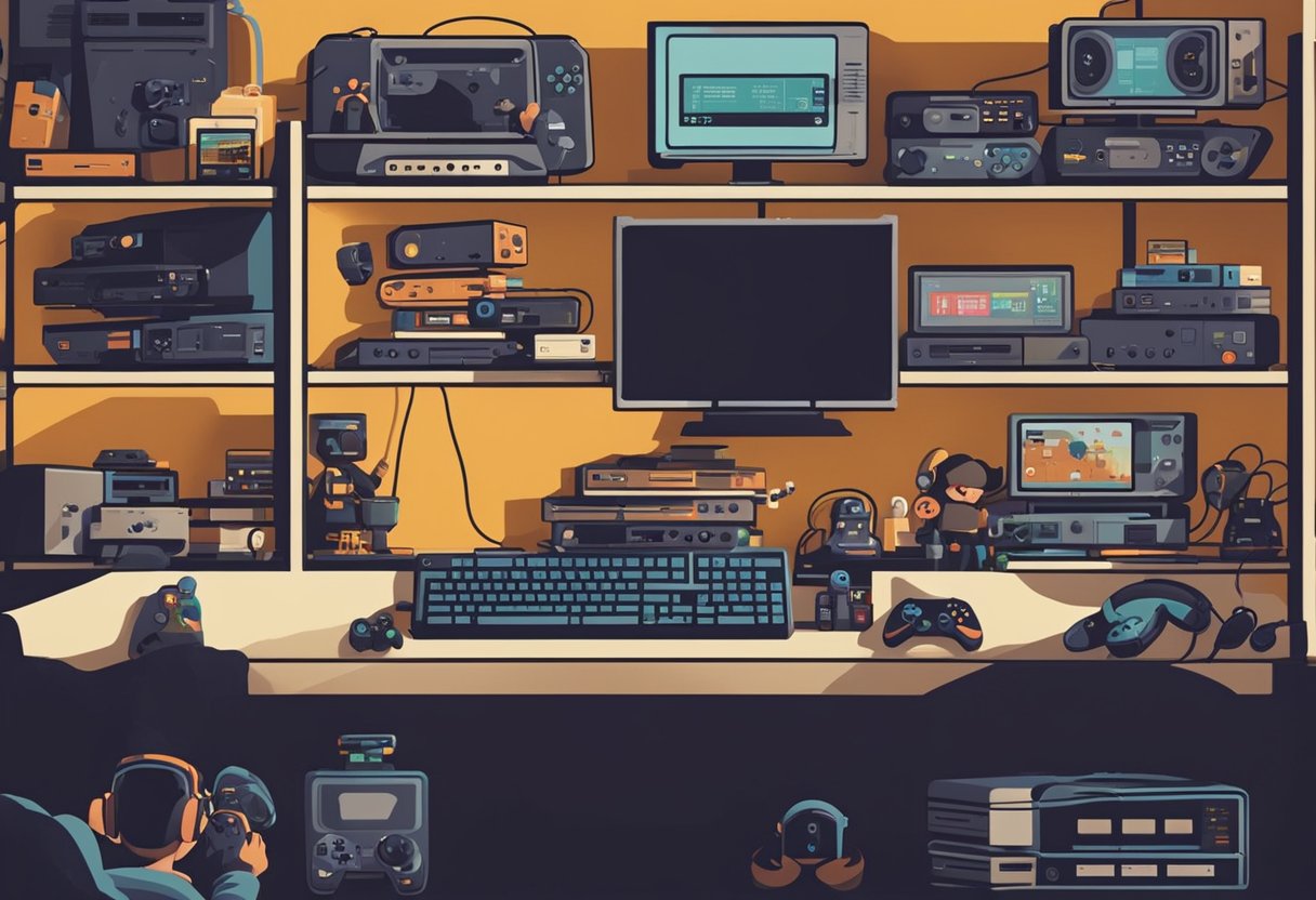 A gamer sits surrounded by various video game consoles and controllers, carefully comparing specs and features. A guidebook titled "Critérios de Seleção Como Escolher o Videogame Perfeito: Um Guia para Gamers Iniciantes"