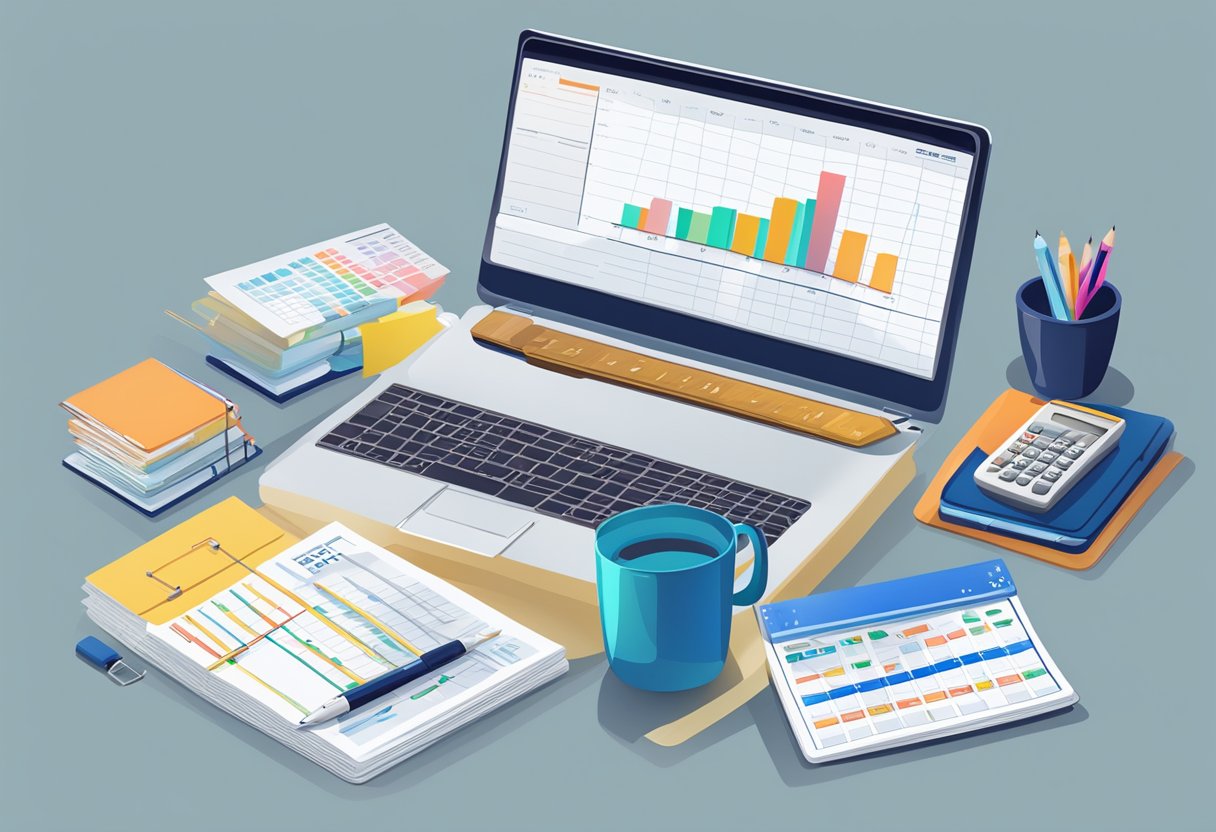 A desk with a laptop, calculator, and financial documents. A graph reflecting 3 years of investment contributions and returns until there is$100K invested