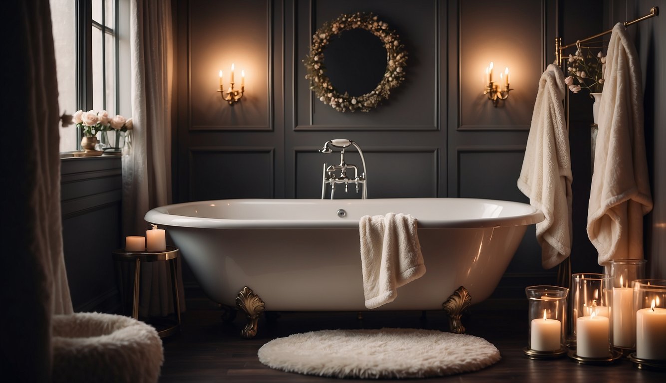 A luxurious bathroom with soft, fluffy bath robes hanging on hooks, surrounded by scented candles and a plush rug