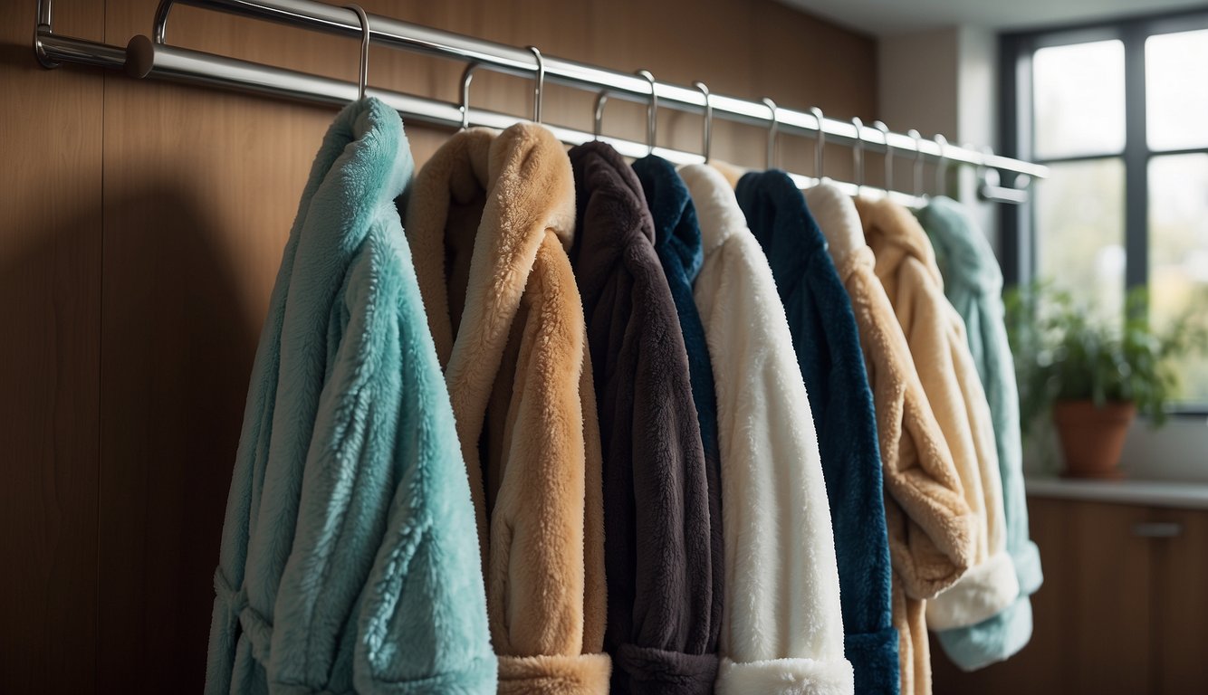 Plush bath robes hanging on hooks, with pockets and adjustable belts, next to a towel rack and cozy slippers