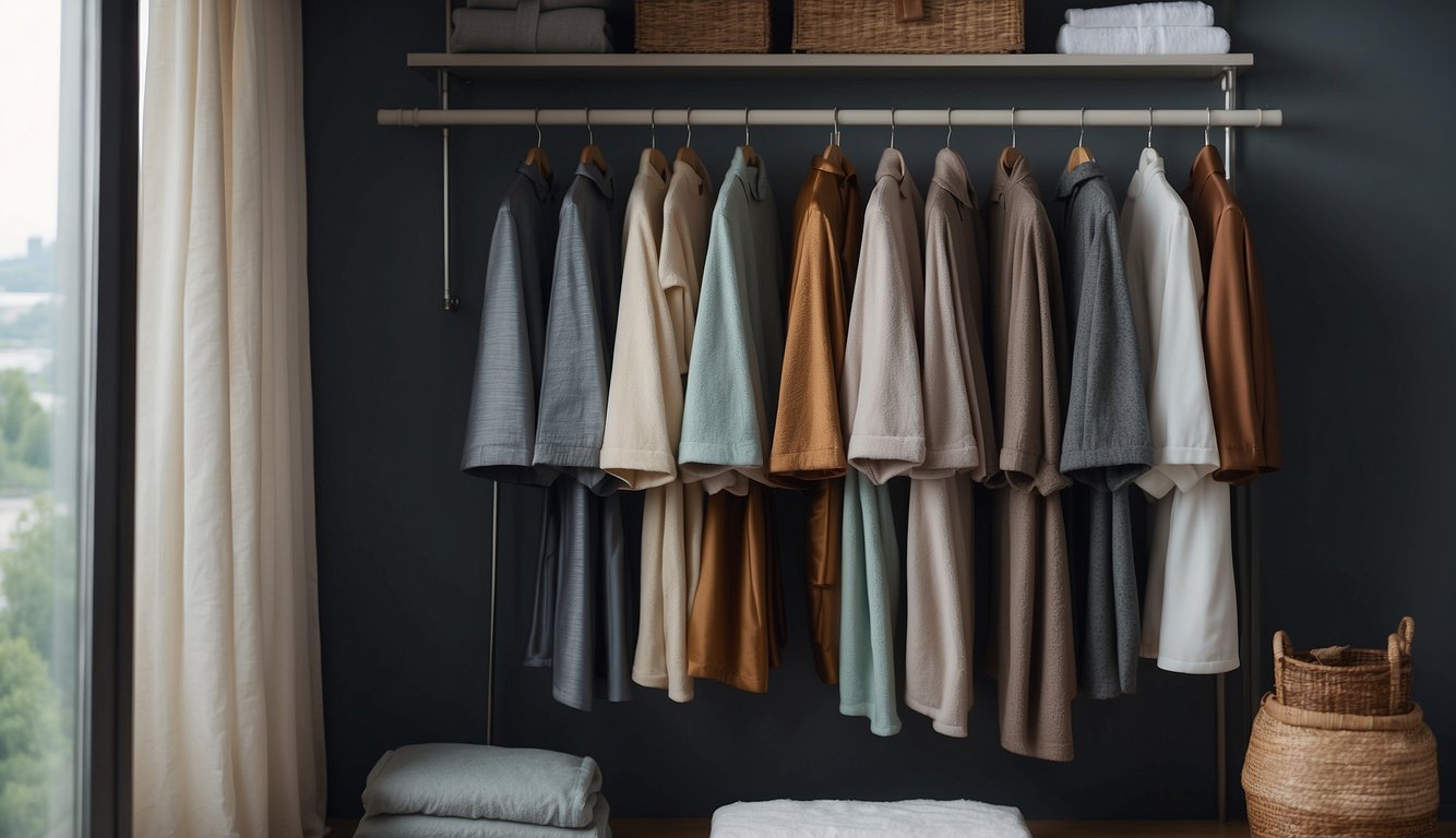 A neatly organized closet with luxurious bath robes hanging on satin hangers. A shelf displays neatly folded robes with a stack of fluffy towels nearby