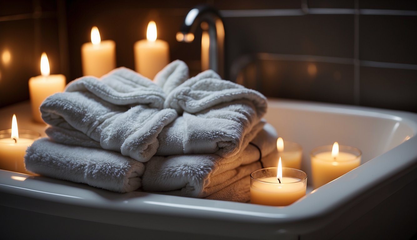 A cozy, plush bathrobe hangs on a hook next to a steaming hot bath, surrounded by scented candles and fluffy towels