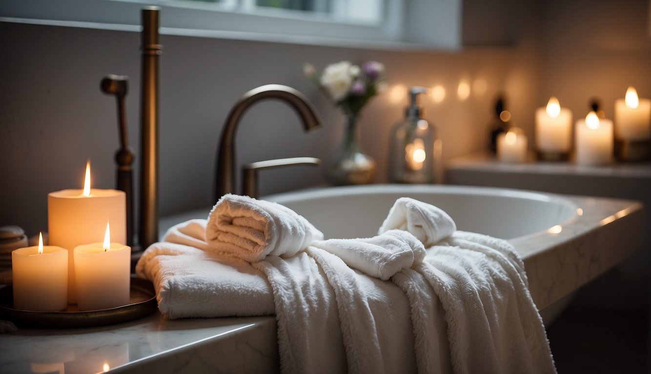 A luxurious bathroom setting with a cozy, plush bathrobe hanging on a hook, surrounded by spa-like accessories and soft lighting