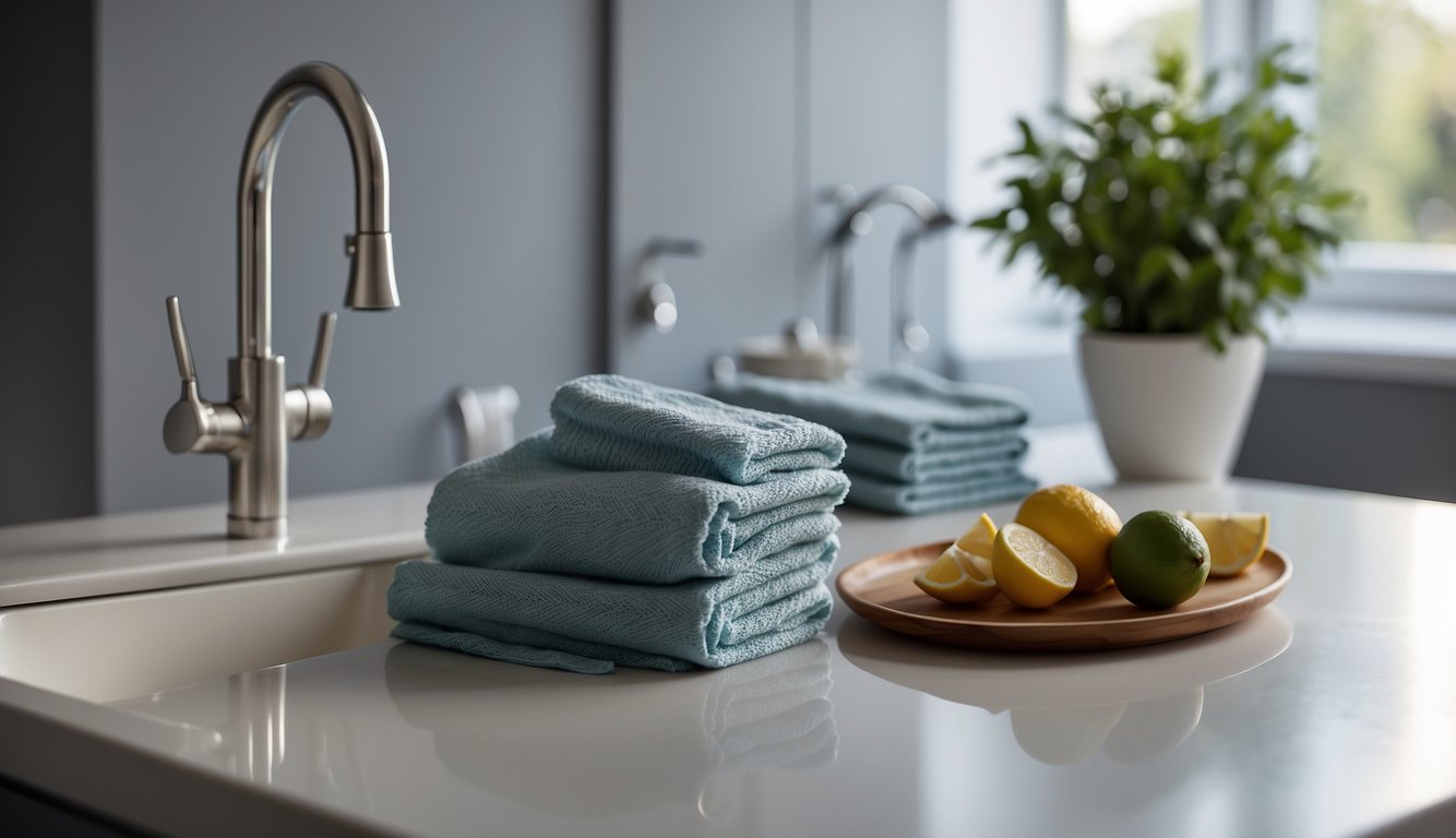 A tea towel hangs neatly on a rack, while a dish towel is draped over the edge of the sink, both ready for use