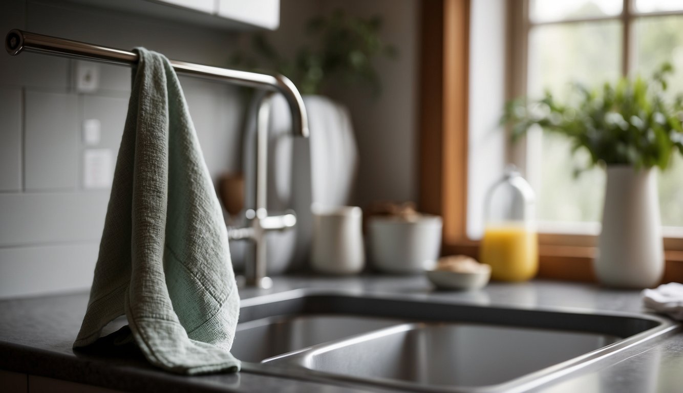 A tea towel hangs neatly from a kitchen hook, while a dish towel is draped over the edge of the sink, both ready for use