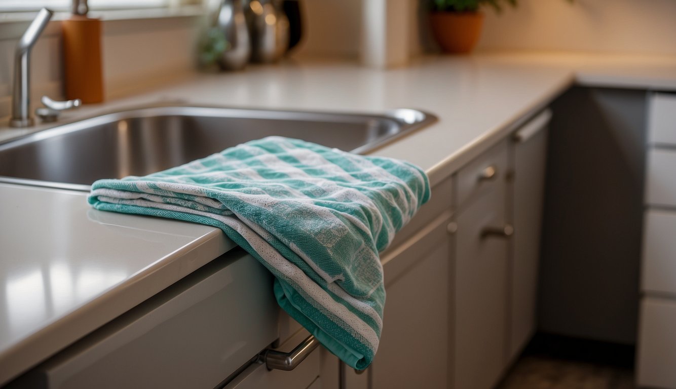 A tea towel hangs neatly on a kitchen hook, while a dish towel is draped over the sink edge, both ready for use