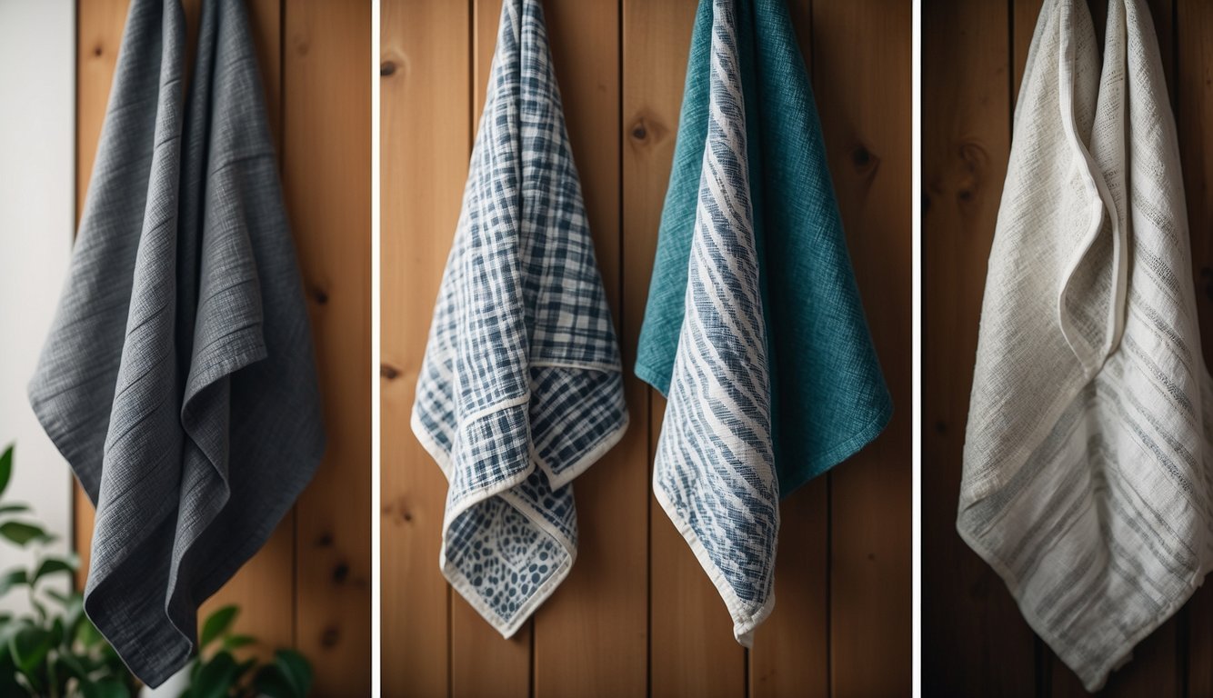 A tea towel and dish towel hang side by side, showcasing their different textures and designs