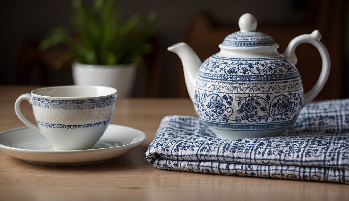 A tea towel and dish towel side by side, with a teapot and dishes in the background. The tea towel has a decorative pattern, while the dish towel is plain