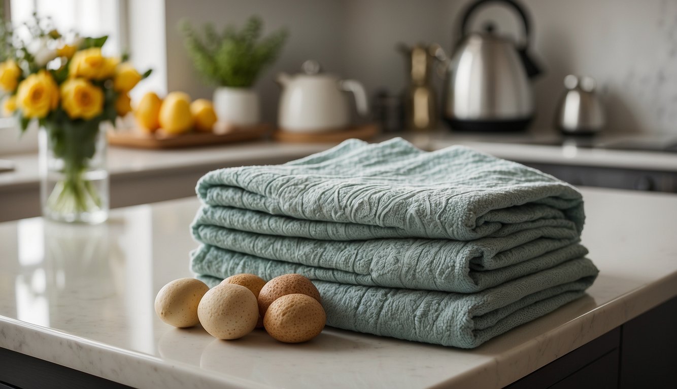 A tea towel and a dish towel are placed side by side on a kitchen counter, with the words "Frequently Asked Questions" printed in bold letters on each towel