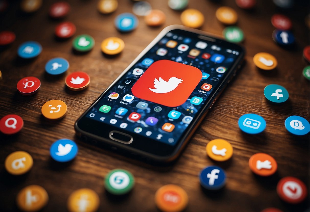 A smartphone with social media icons and a YouTube logo, surrounded by arrows pointing towards each other, representing cross-promotion
