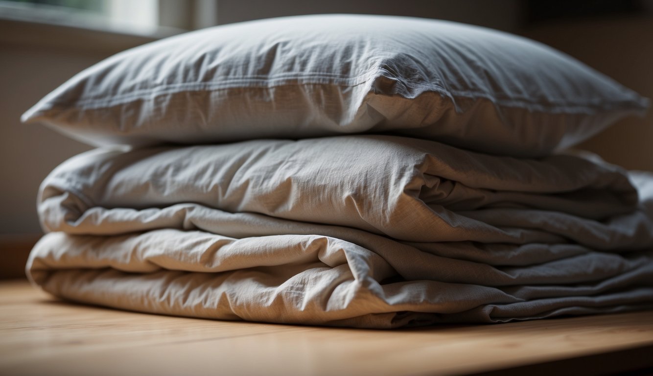 A bed with old, worn-out sheets next to a stack of fresh, neatly folded sheets