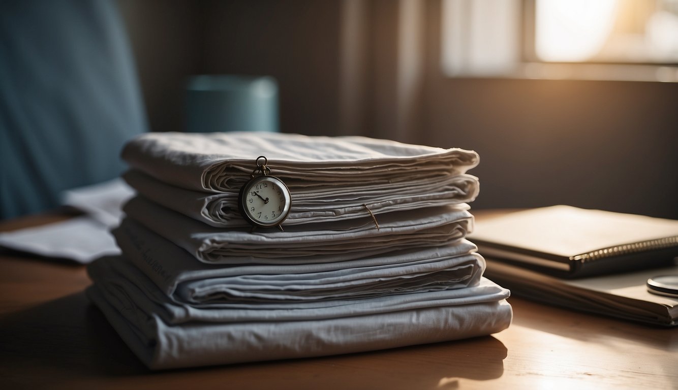 A stack of worn-out sheets next to a brand new set, with a calendar showing the passage of time