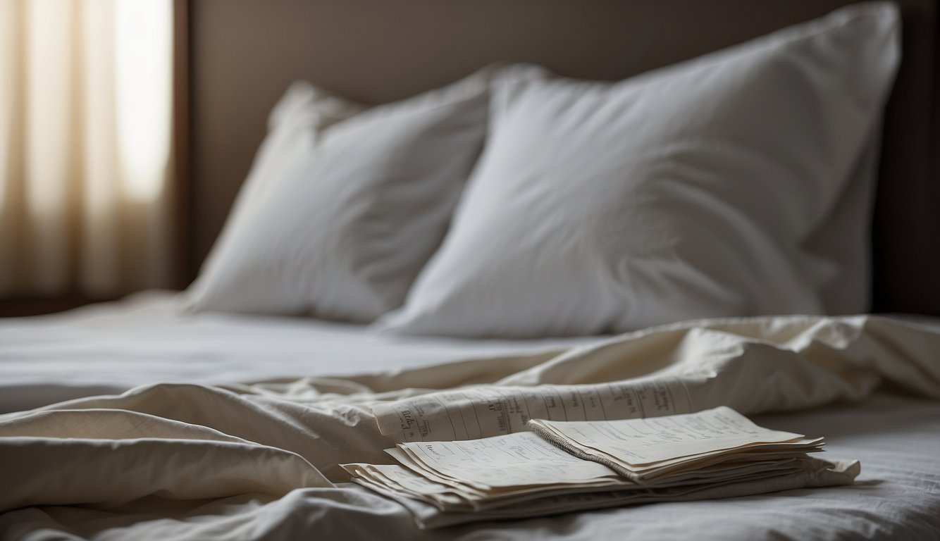 A bed with worn-out sheets next to a calendar marking months. Sheets are faded and frayed, indicating the need for replacement