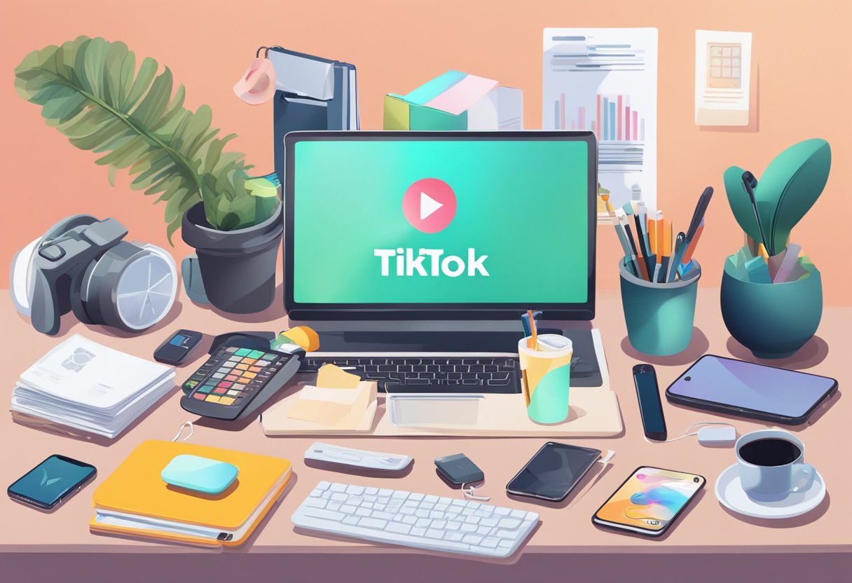 A cluttered desk with various household items and a smartphone playing TikTok videos. A list of viral life hacks is visible on the screen