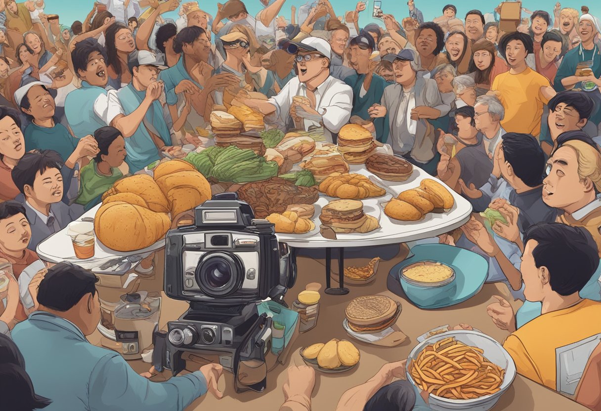 A table filled with bizarre and oversized foods, surrounded by a crowd of eager onlookers, with a countdown timer and a camera set up to capture the action