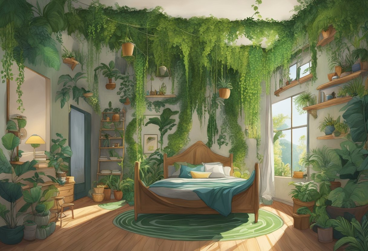 Lush green plants cover every surface, vines hang from the ceiling, and animal figurines are scattered throughout the room. A makeshift waterfall trickles down the wall, and a hammock is suspended in the corner