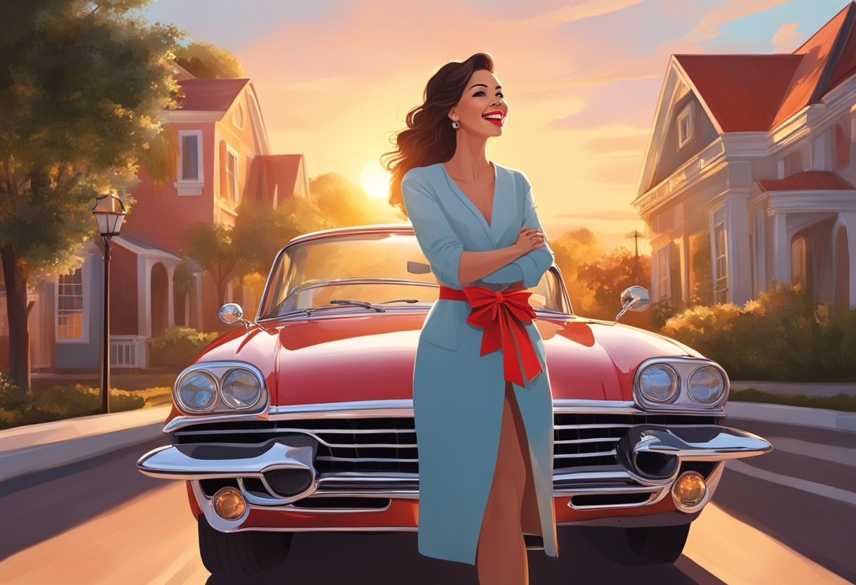 A woman stands in front of a shiny new car, her mouth wide open in shock and delight. The car is adorned with a big red bow, and the sun is setting in the background, casting a warm glow over the scene