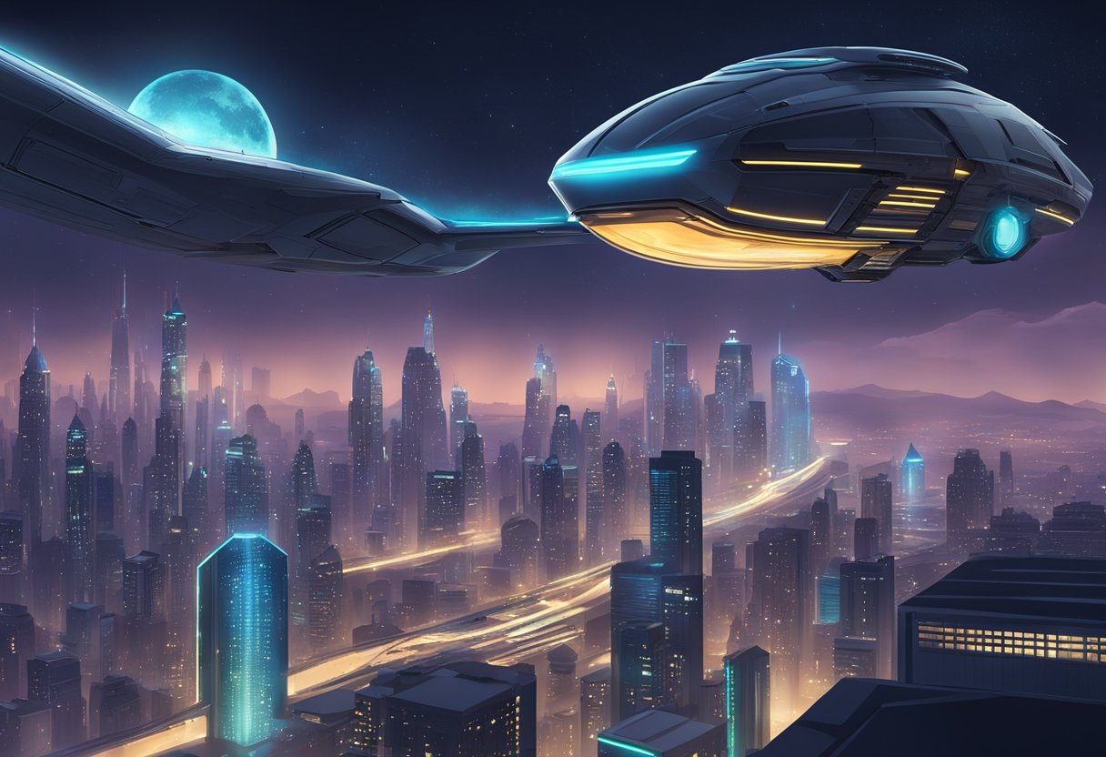 A spaceship hovers over a glowing city skyline at night, with futuristic buildings and flying cars below