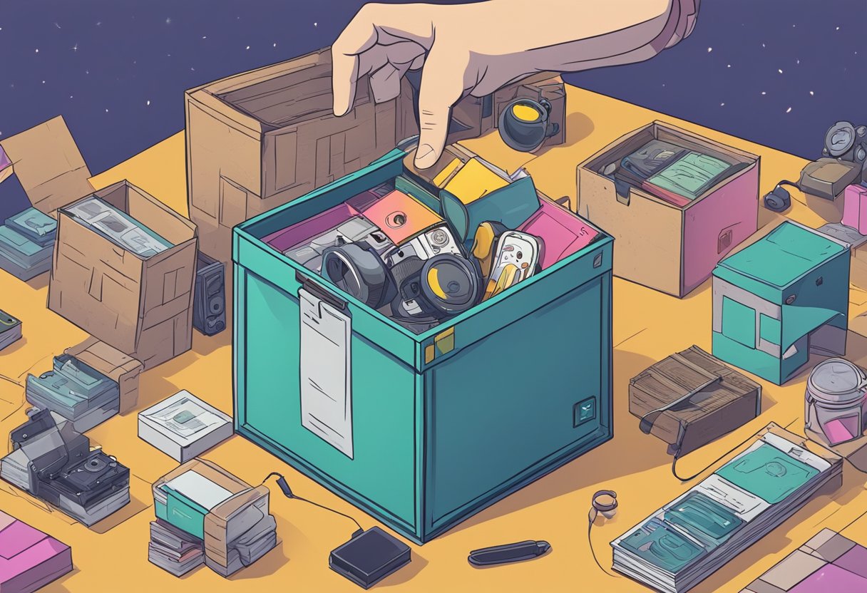 A hand reaches for a sealed mystery box. The box is surrounded by various viral video props and gadgets