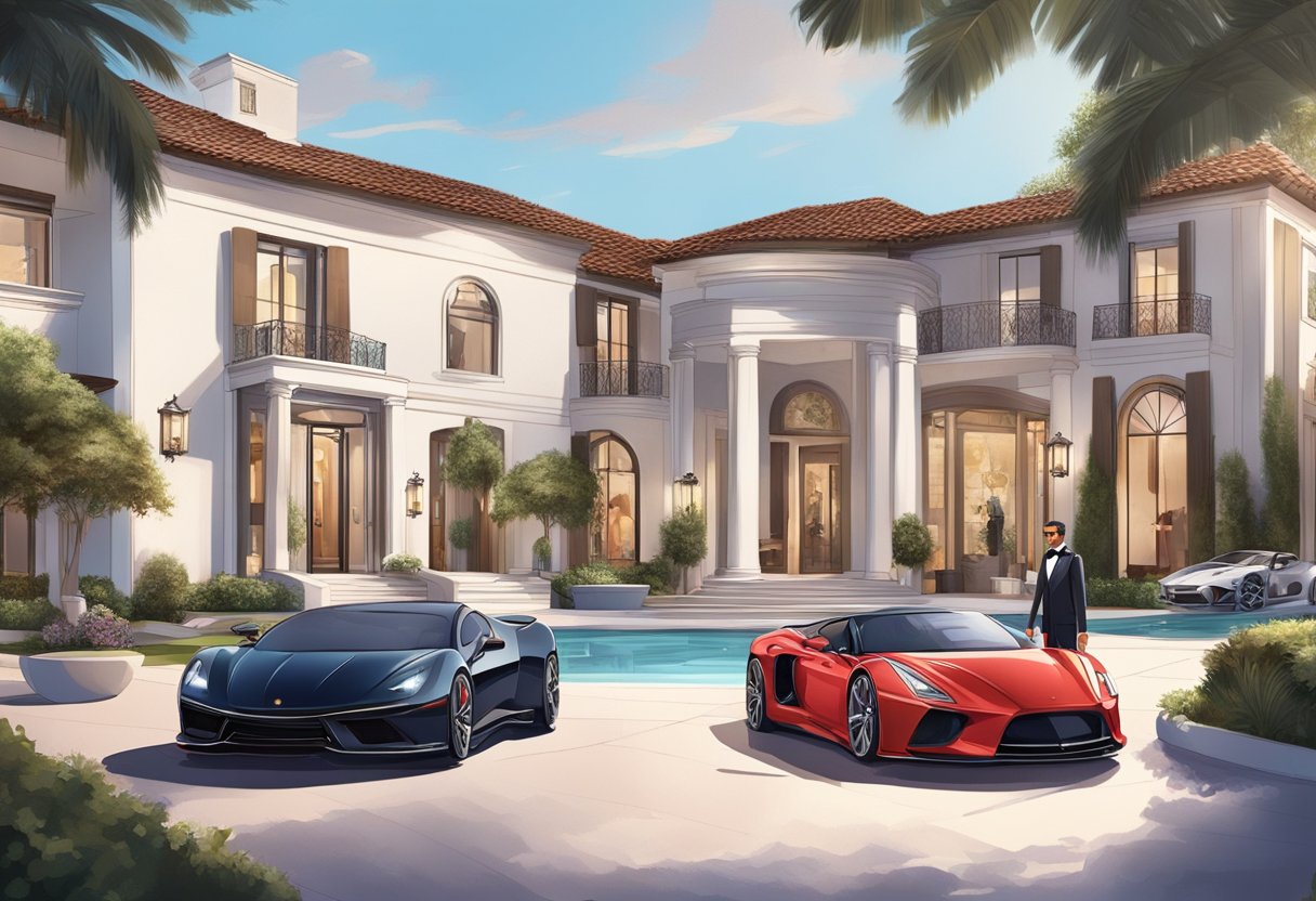 A luxurious mansion with a sparkling pool, sleek sports cars in the driveway, a private chef preparing gourmet meals, and a personal stylist selecting designer outfits. A red carpet entrance with flashing cameras captures the celebrity experience