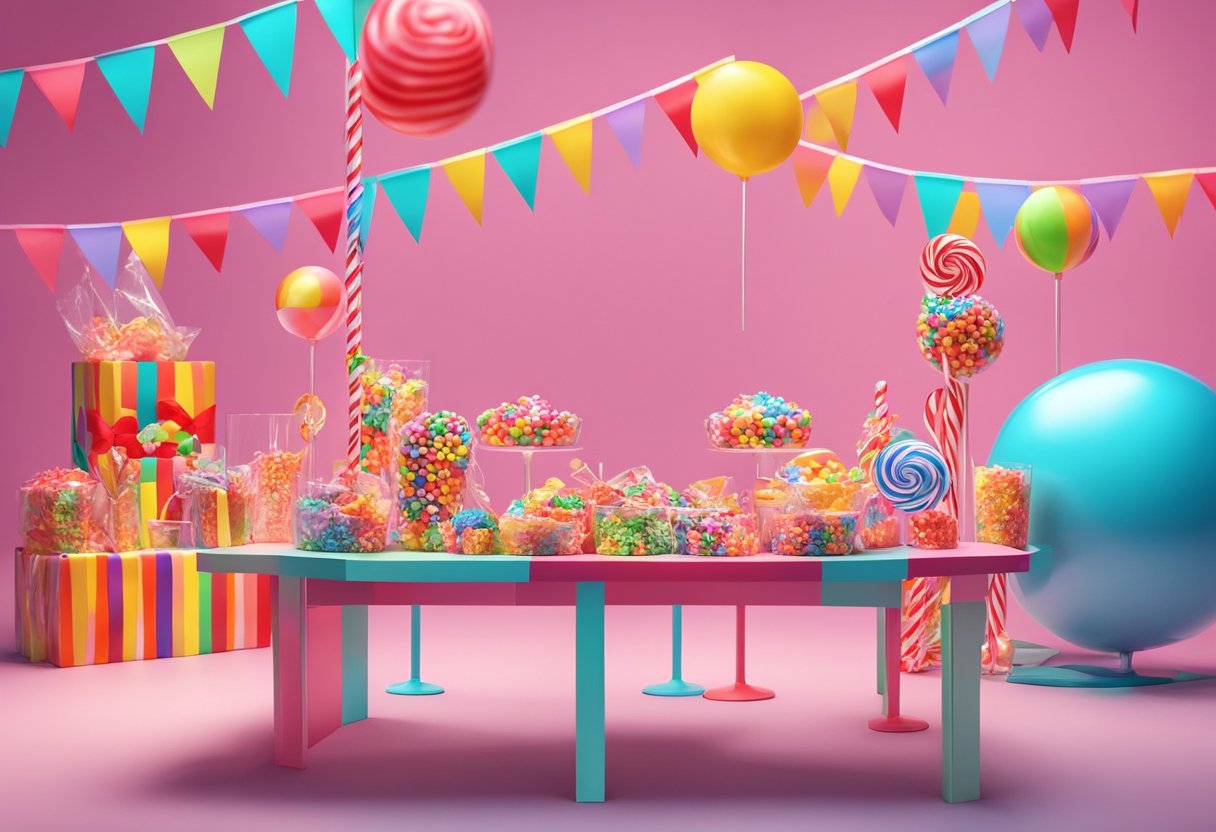 A table covered in colorful candy wrappers and oversized lollipops. A giant gummy bear and a towering candy cane. Bright lights and a camera set up for filming