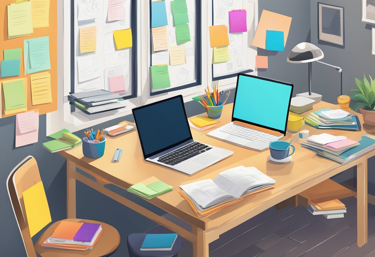 A desk cluttered with notebooks, pens, and a laptop. A bulletin board covered in colorful sticky notes with video ideas. The room is filled with natural light, creating a warm and inviting atmosphere