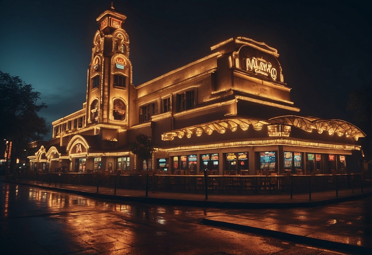 A dimly lit casino with mafia-themed slot machines, surrounded by eager gamblers and a smoke-filled atmosphere