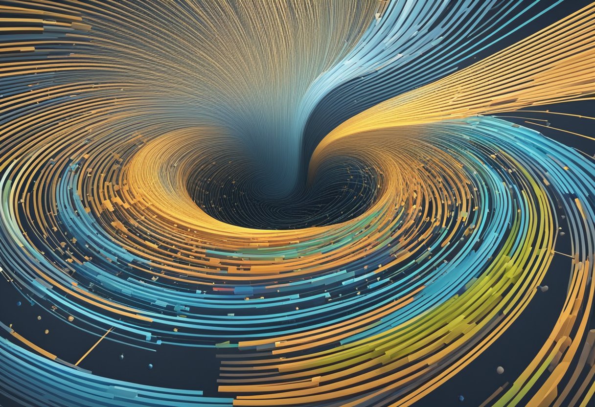 Numbers and data swirling in a vortex, converging into a central point. Lines and arrows connecting various inputs and outputs, forming a complex web of calculations