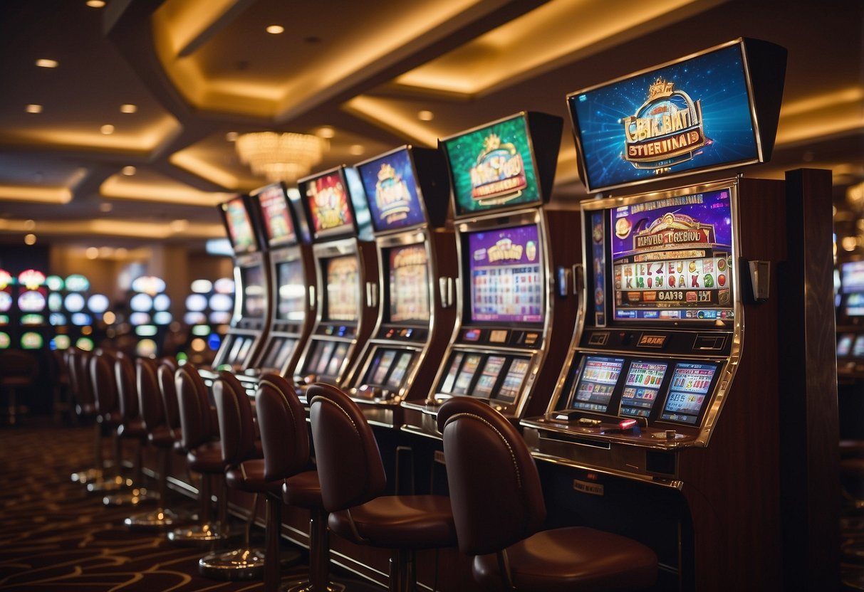 A bustling online casino with rivers flowing through slot machines and card tables, surrounded by a vibrant and energetic atmosphere