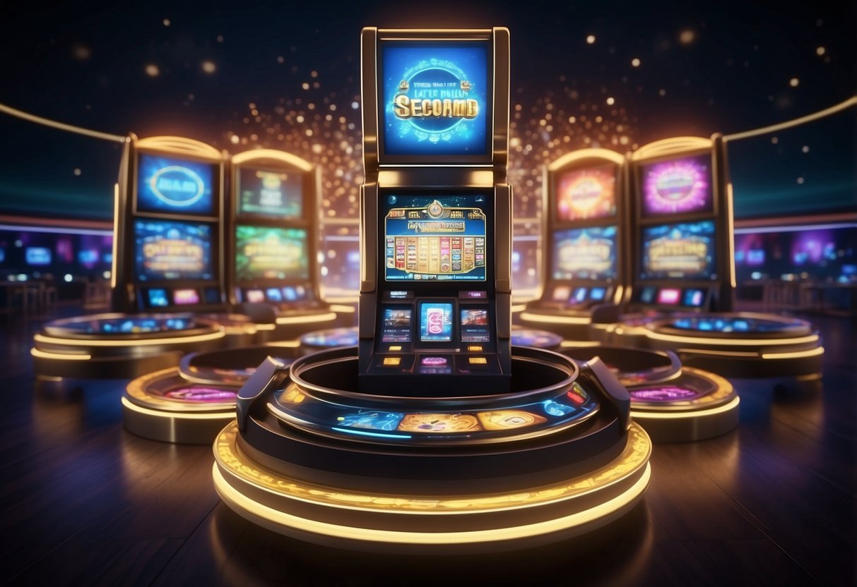 A colorful digital interface with casino games, icons, and a secure payment gateway. Excited players interacting with the platform