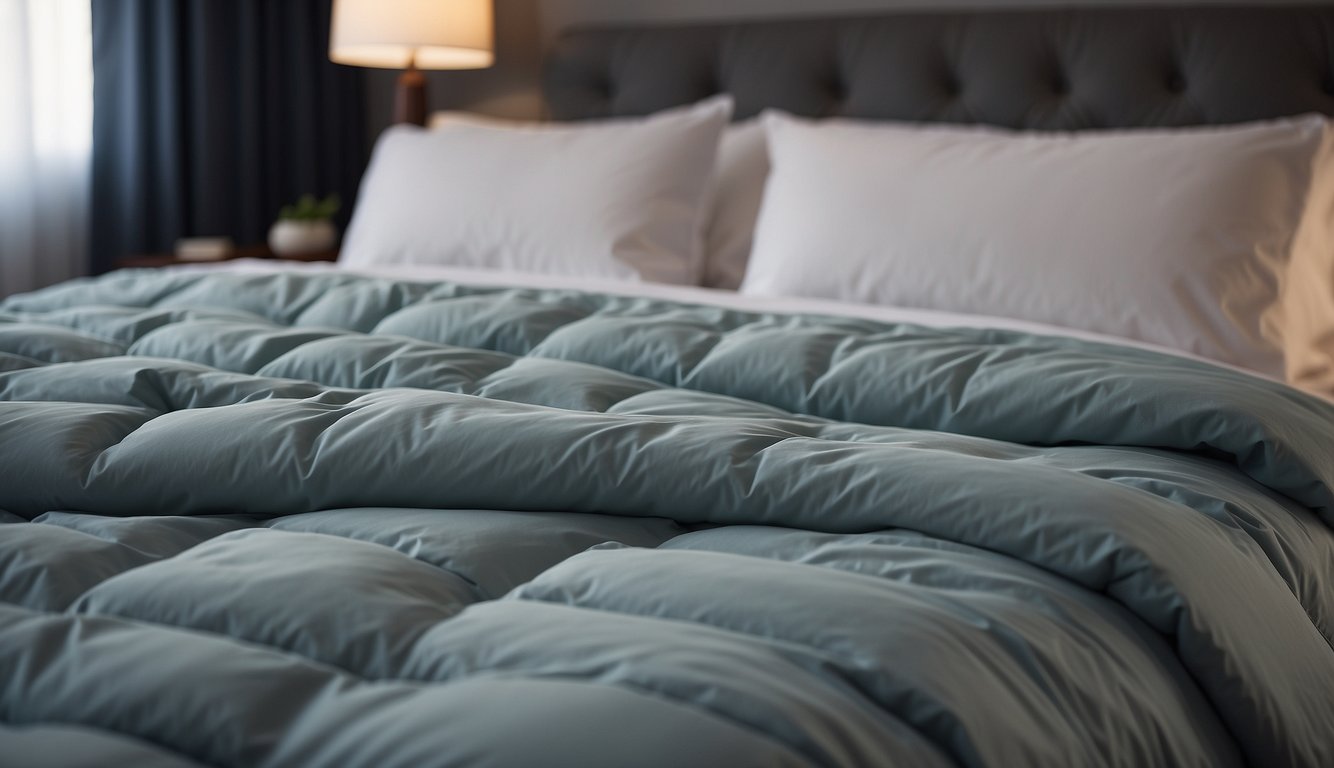 A duvet cover is spread out flat on a bed. A duvet is inserted into the cover, and then the cover is secured with buttons or a zipper