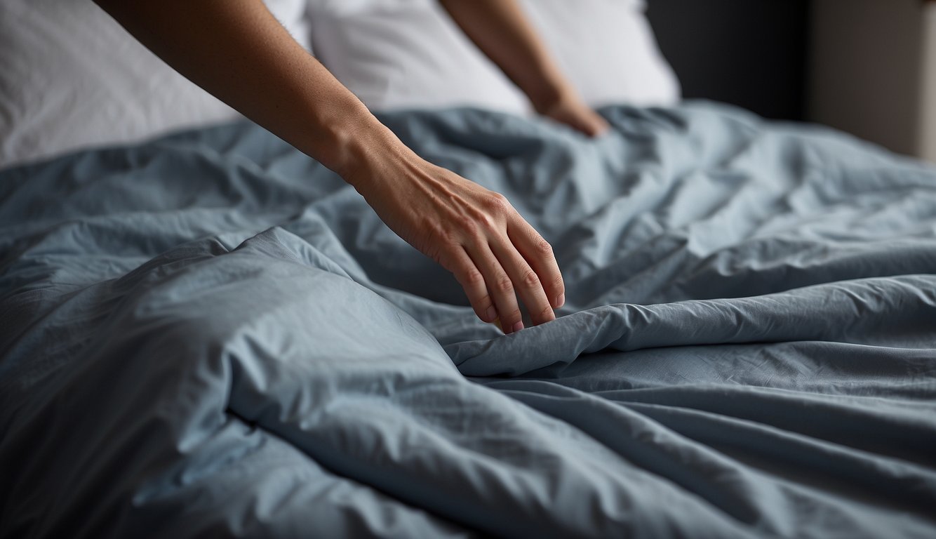 A hand reaches for a duvet cover, unfolding it to reveal its design and texture. The cover is then spread over a duvet, securing it with buttons or a zipper