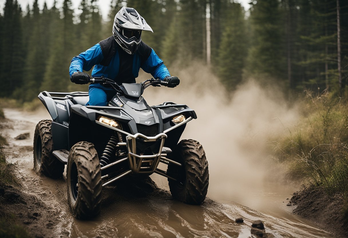 A Polaris Predator 500 sits stalled in a muddy trail, smoke rising from the engine. The rider looks frustrated as they attempt to diagnose the problem